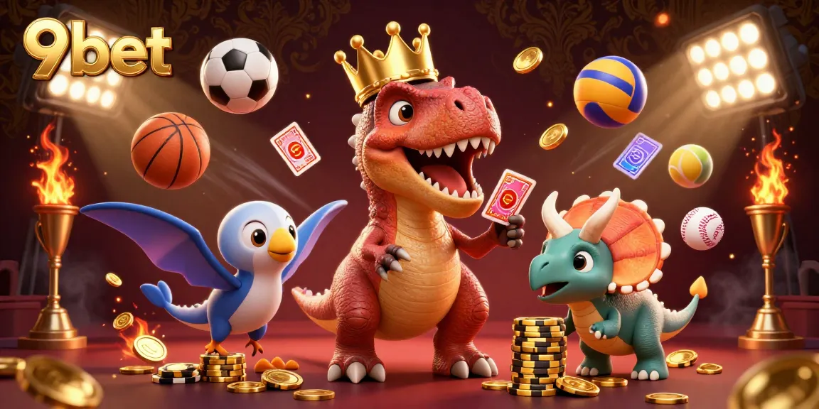 Experience thrilling action with the 9bet T-Rex and friends in a vibrant casino scene.