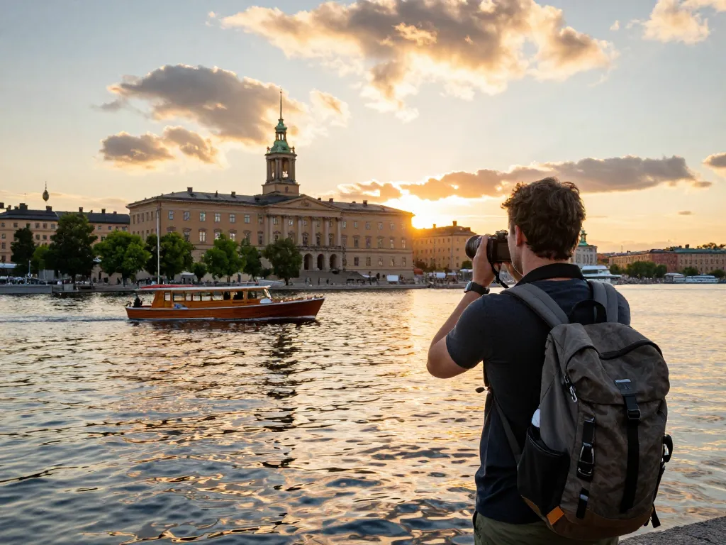 Reisetipps Stockholm Reisender genießt Sonnenuntergangsausblicke über die Gewässer und fängt ikonische Wahrzeichen und lebendige Reflexionen ein.