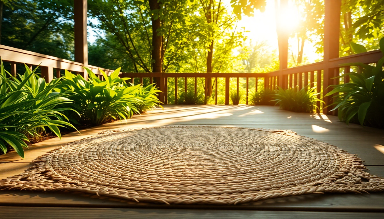 Hanfmatte auf einem sonnigen Holzpatio mit lebendigen Pflanzen im Hintergrund.