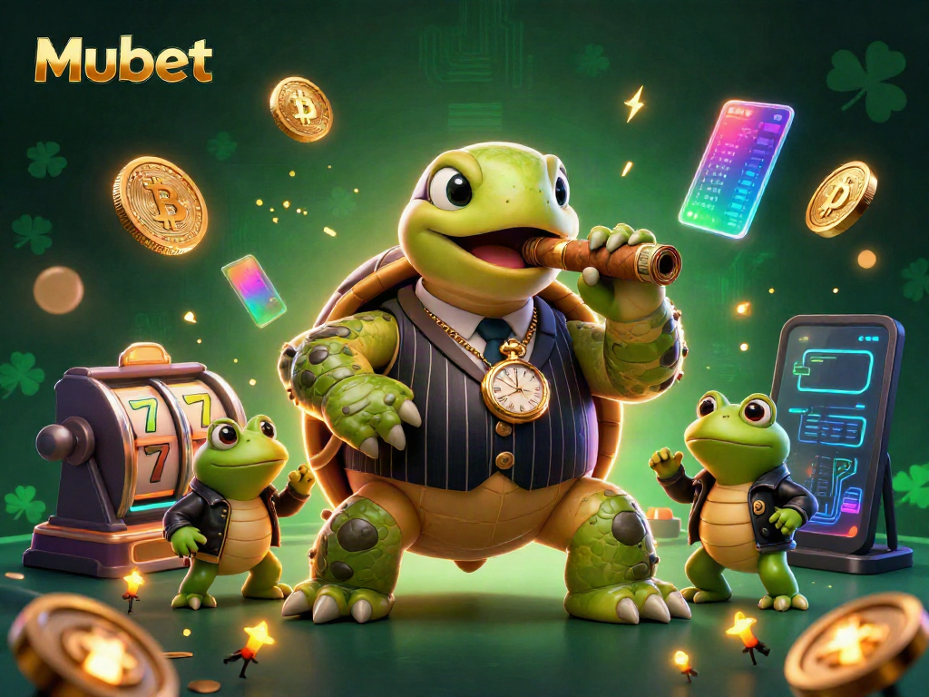 Mubet showcases a vibrant casino scene with a cartoon snapping turtle in a pinstripe suit amidst dynamic gaming elements.