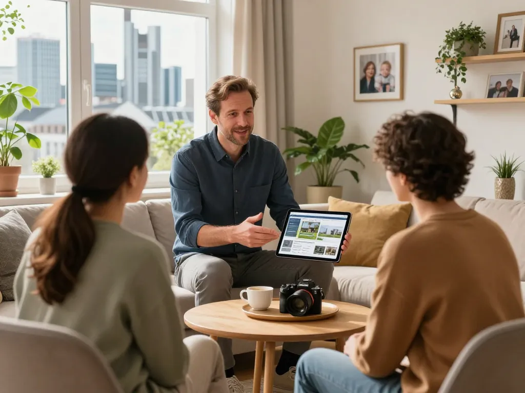 Immobilienmakler Frankfurt Preungesheim präsentiert eine Immobilie interessierten Käufern in einem gemütlichen Wohnraum und zeigt Wärme und Professionalität.