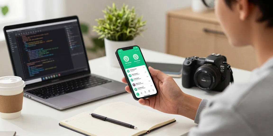 Engaged user exploring FM WhatsApp features on smartphone in modern workspace.