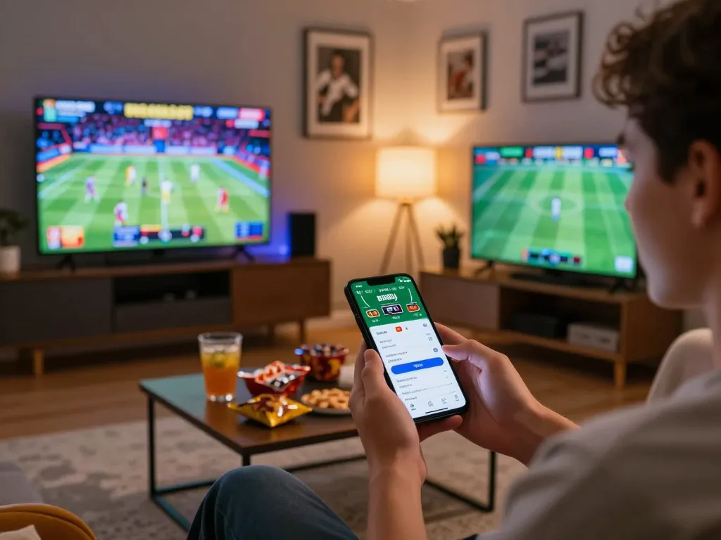 Person using BJ88BJ app for online sports betting in a cozy living room setting.