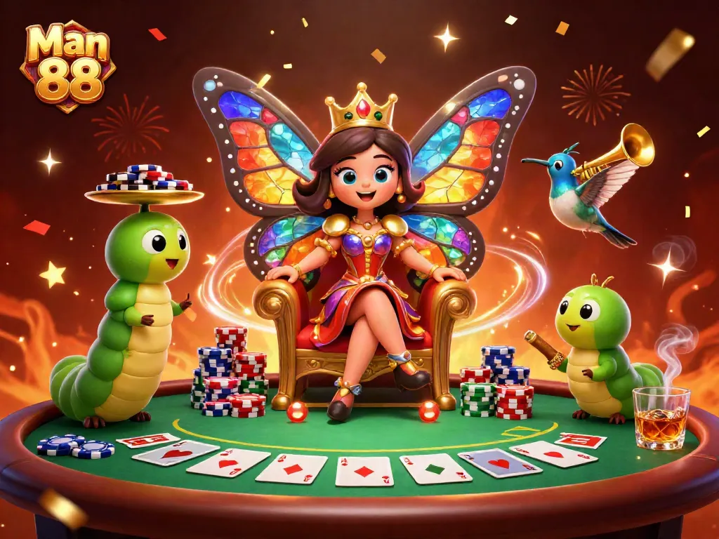 Man 88 showcases an engaging poker scene with a butterfly queen and vibrant chips.