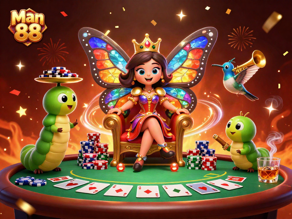 Man 88 showcases an engaging poker scene with a butterfly queen and vibrant chips.