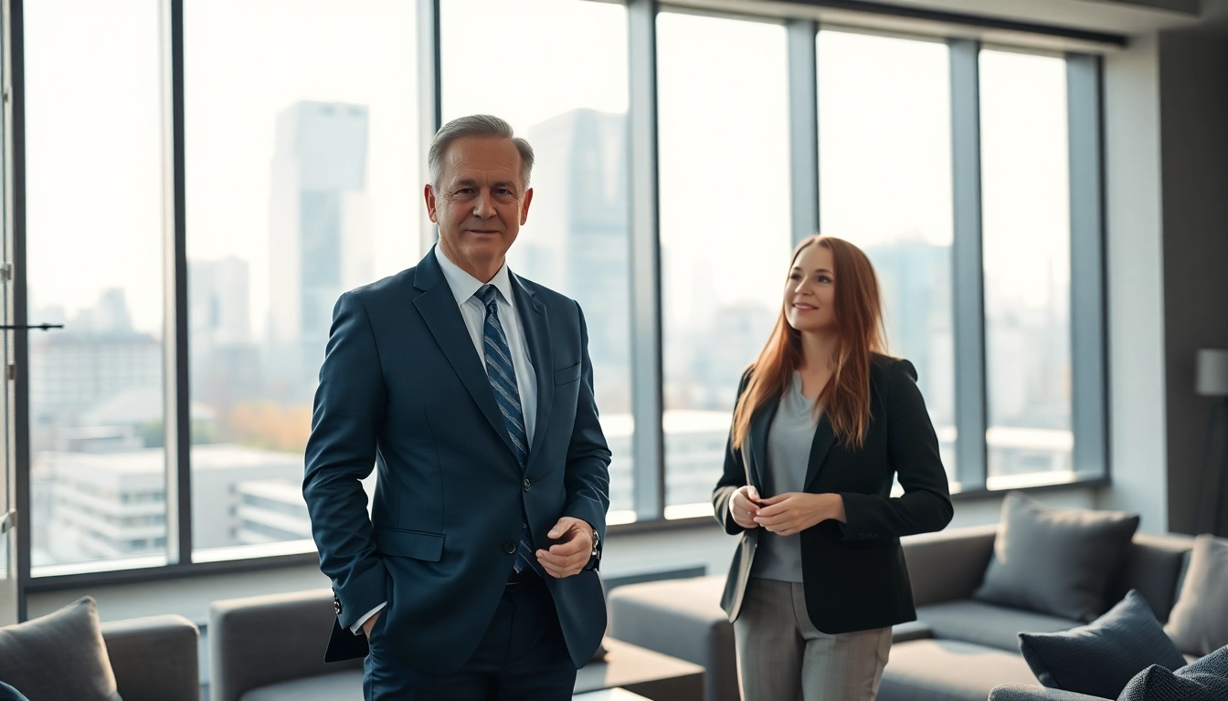 Immobilienmakler Frankfurt Dornbusch berät ein Paar im modernen Büro.