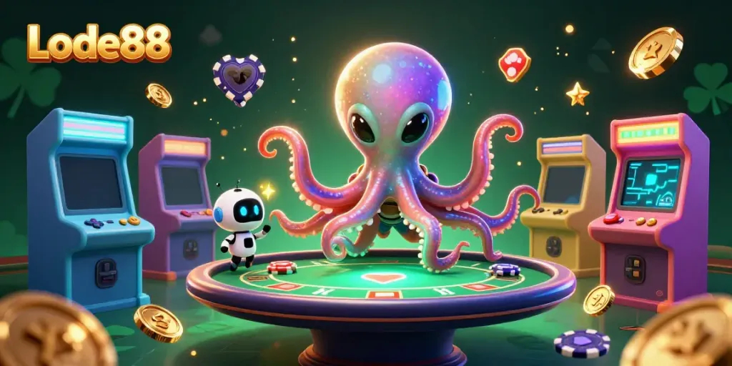 Experience immersive gaming excitement with Lode88's vibrant 3D casino scene featuring an alien octopus.