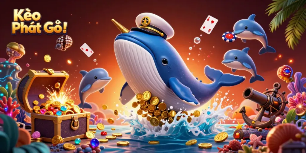 Engage in the excitement of Kèo Phạt Góc with a vibrant illustration featuring whales, dolphins, and casino elements.