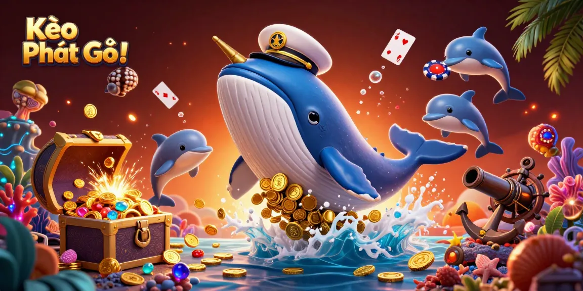 Engage in the excitement of Kèo Phạt Góc with a vibrant illustration featuring whales, dolphins, and casino elements.