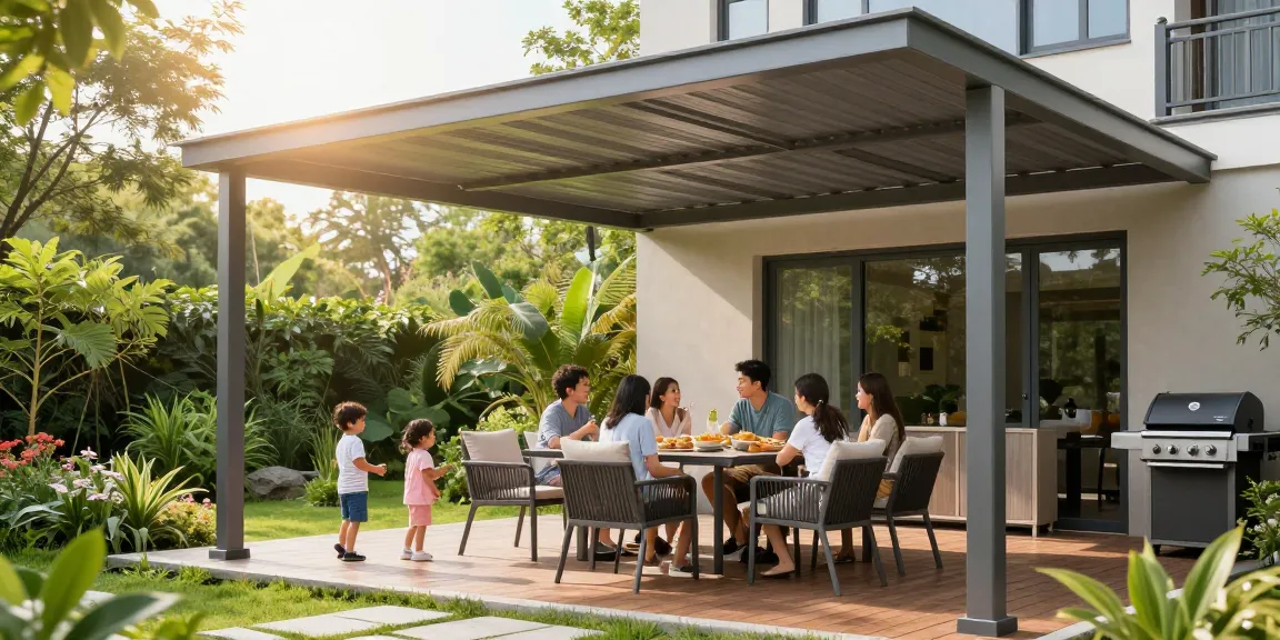 Terrassenüberdachung bietet Schatten und Komfort für die Familie im Freien.