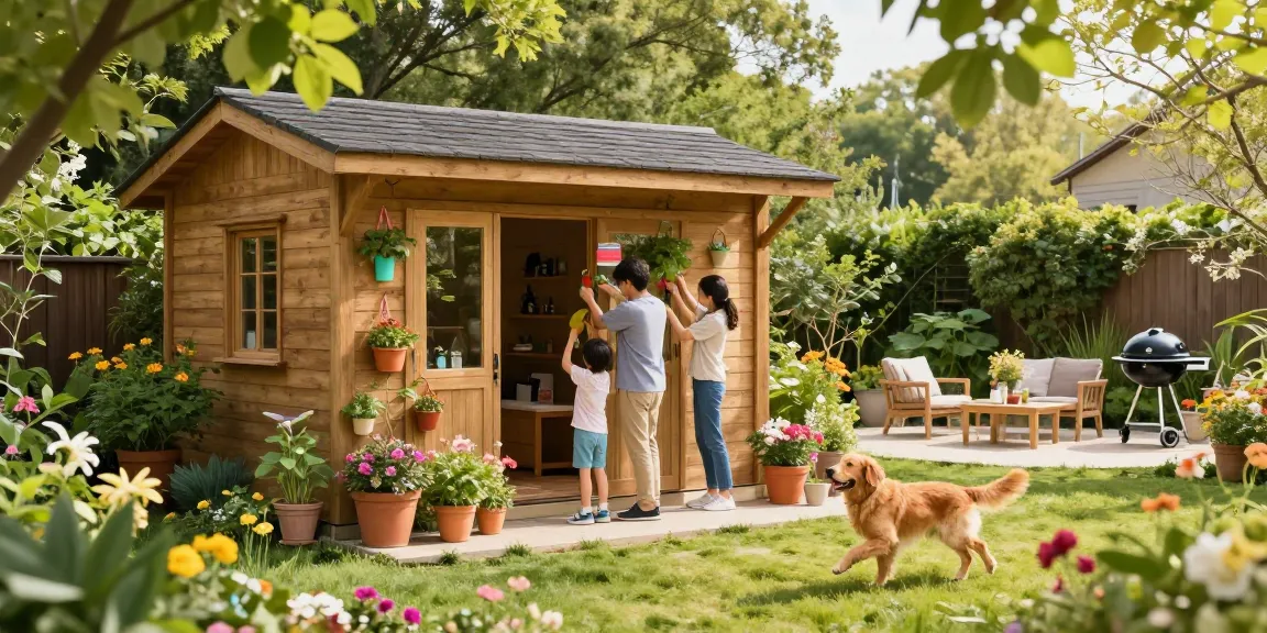 Ein stilvolles Gartenhaus Holz umgeben von bunten Blumen und einer Familie, die den Garten dekoriert.