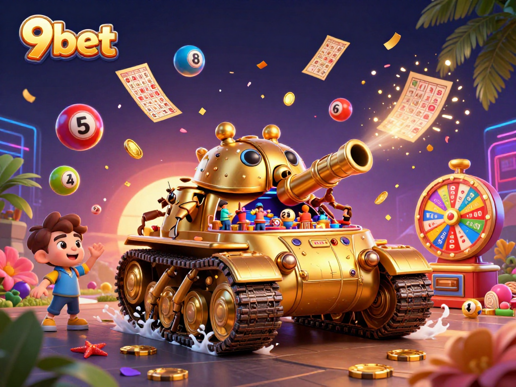 Engage in thrilling games with 9bet’s lively casino-themed illustration, featuring vibrant elements and dynamic action.