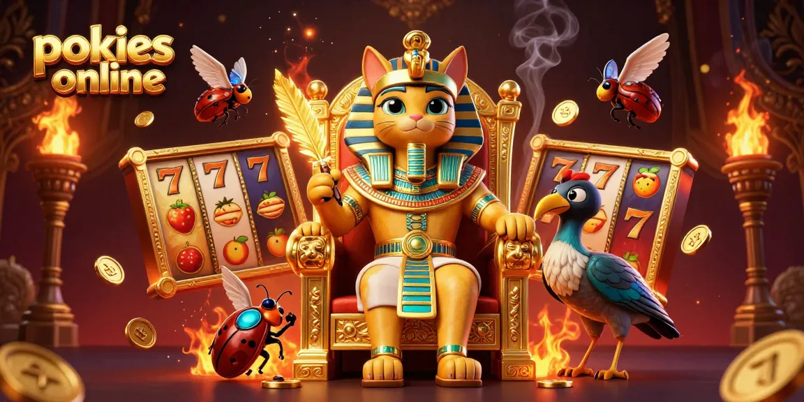 Spin the reels of pokies online with an Egyptian pharaoh cat immersed in a vibrant casino scene.