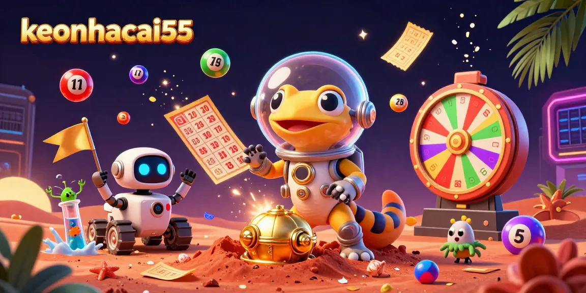 Engage with thrilling games at keonhacai55, featuring a vibrant casino scene with colorful lottery elements.