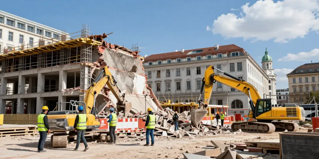 Abriss Wien Baustelle in Wien mit Arbeitern bei Abrissarbeiten und Baugeräten.