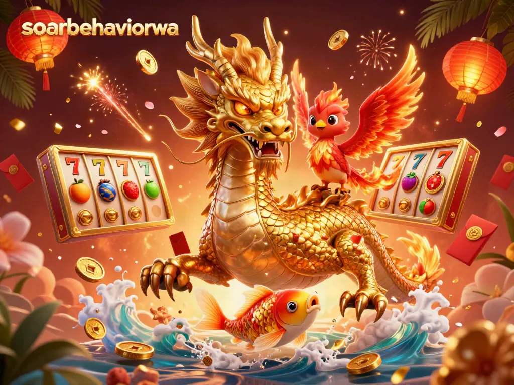 Engage with soarbehaviorwa's vibrant online casino world, featuring a golden dragon, phoenix, and betting symbols.