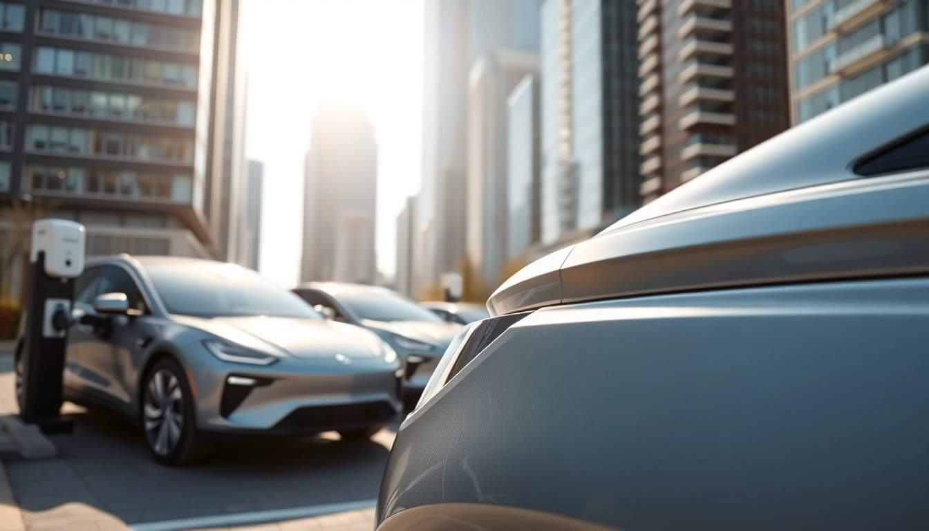 Elektroautos charging in an urban setting with modern architecture, showcasing innovation.