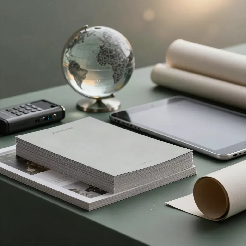 Editorial-Stillleben mit Globus-Papiergewicht, Magazinen und Tablet auf dunklem Plinth