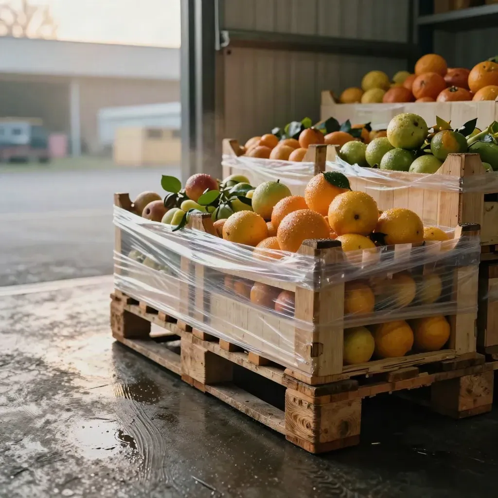 Frisch beladene Obstkisten im Großmarkt vor der Kühlrampe im Morgenlicht