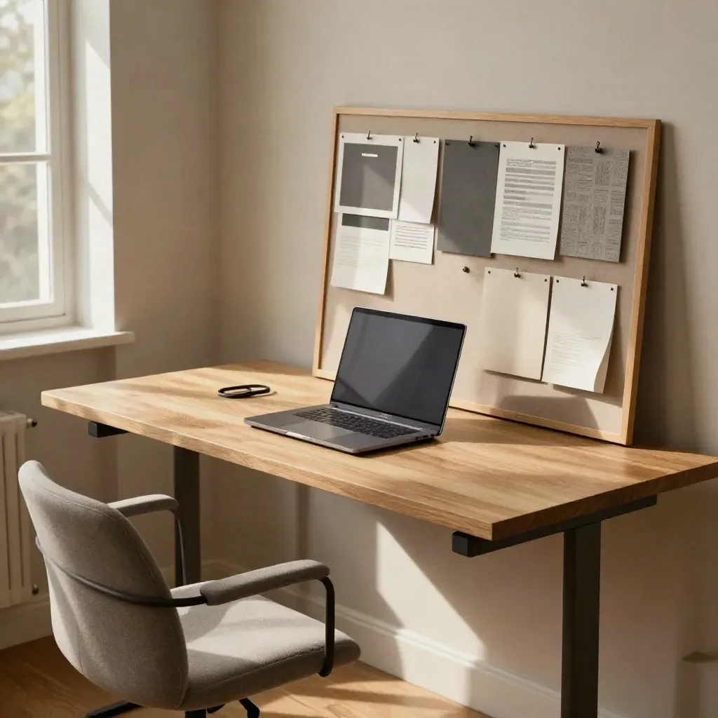 Aufgeräumte Büroecke mit Stehtisch, Laptop, Stuhl und Pinnwand im warmen Fensterlicht.