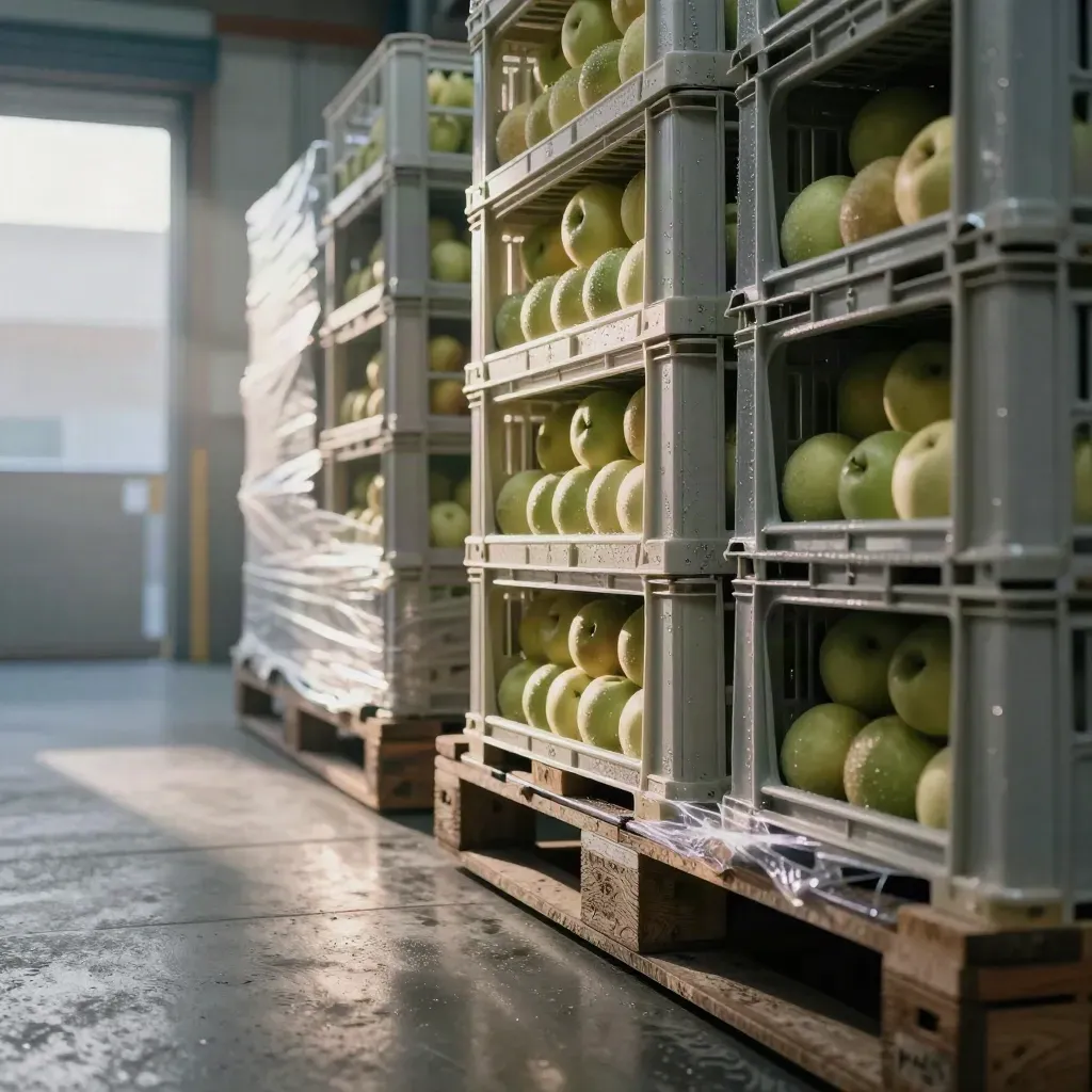 Niedrige Perspektive im Kühlregal: Obstkisten, Wechselpalette und kalter Morgennebel.