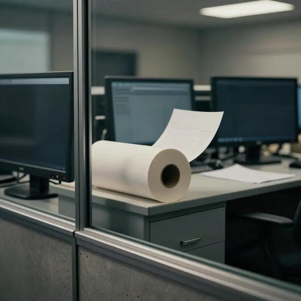 Makro eines Newsroom-Editwalls mit Monitoren, Papierrollen und seitlich leuchtendem Prüftisch