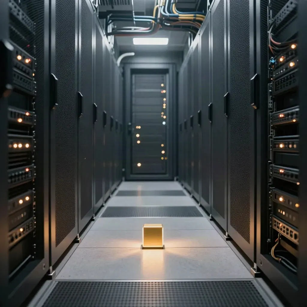 Serverraum-Korridor mit goldglühendem Lichtblock und rhythmischen Statusleuchten.