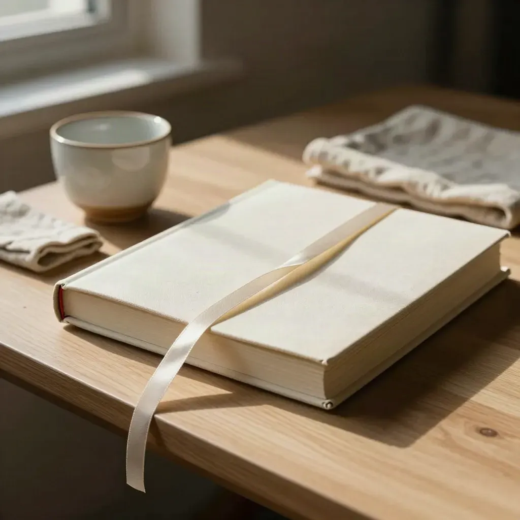 Geschlossenes Journal mit Lesezeichenband, Tuch und Keramiktasse im warmen Seitenlicht.