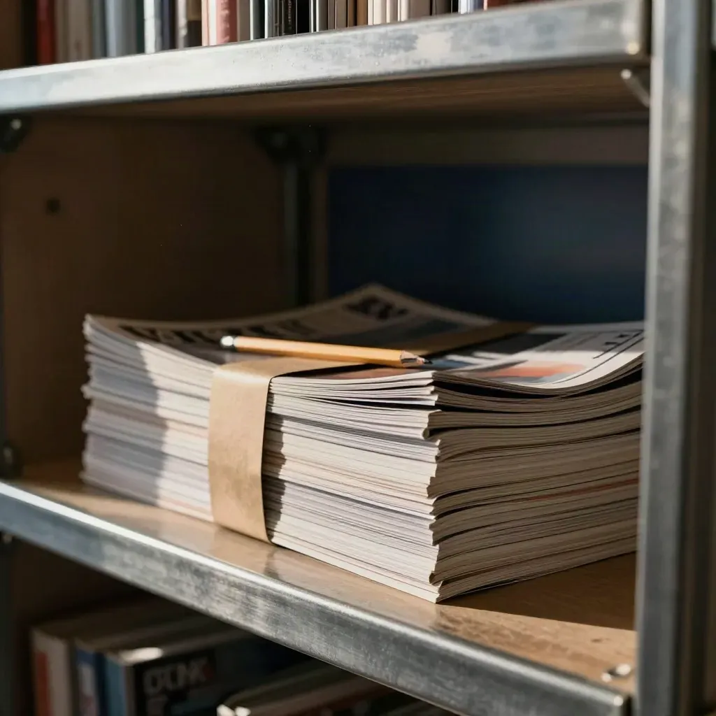 Magazinbündel und Bleistift auf einem Newsstand-Regal im warmen Licht.