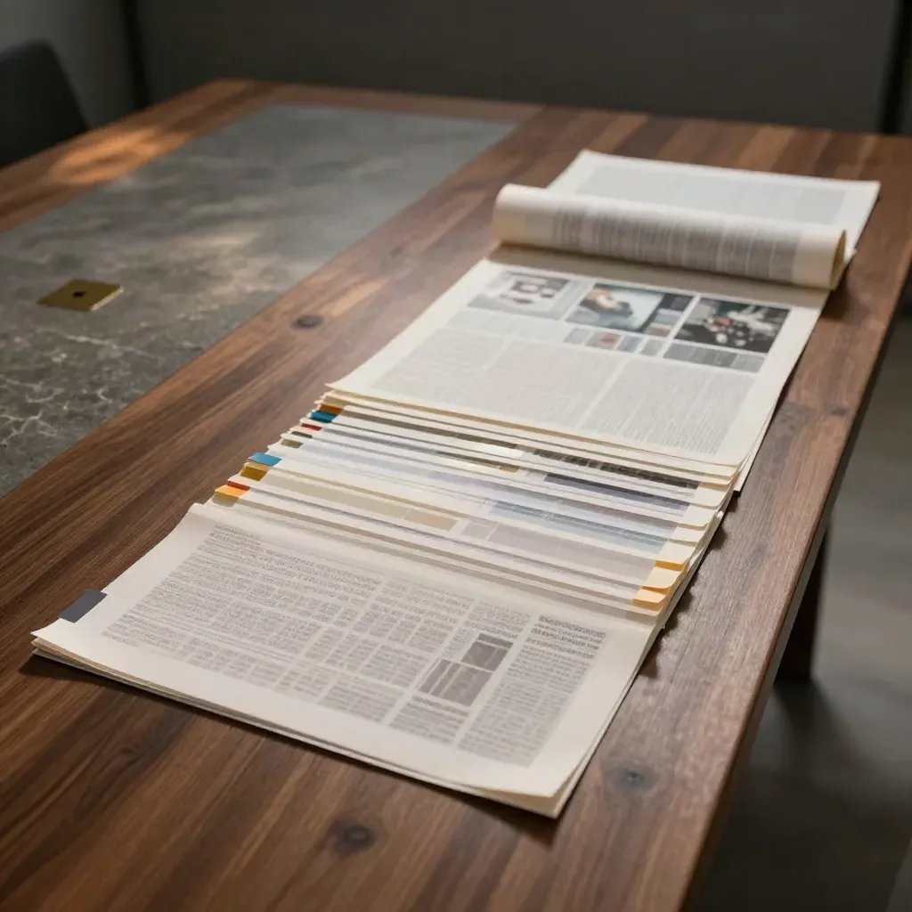 Aus der Woche: Proofs, Farbtabs und gerollte Briefingblätter auf einem langen Editorialtisch
