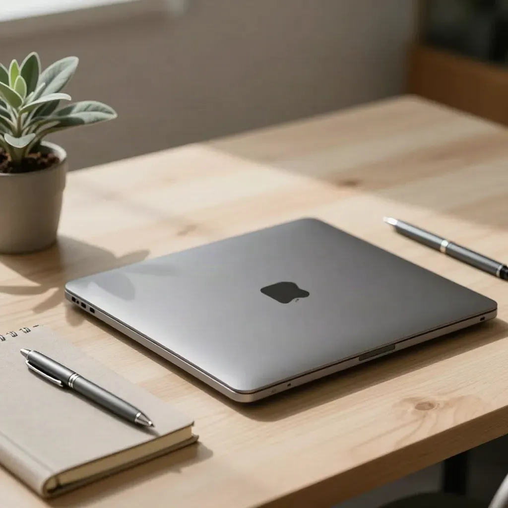 Geschlossener Laptop, Notizbuch, Stift und Pflanze auf hellem Holz mit weichem Tageslicht.
