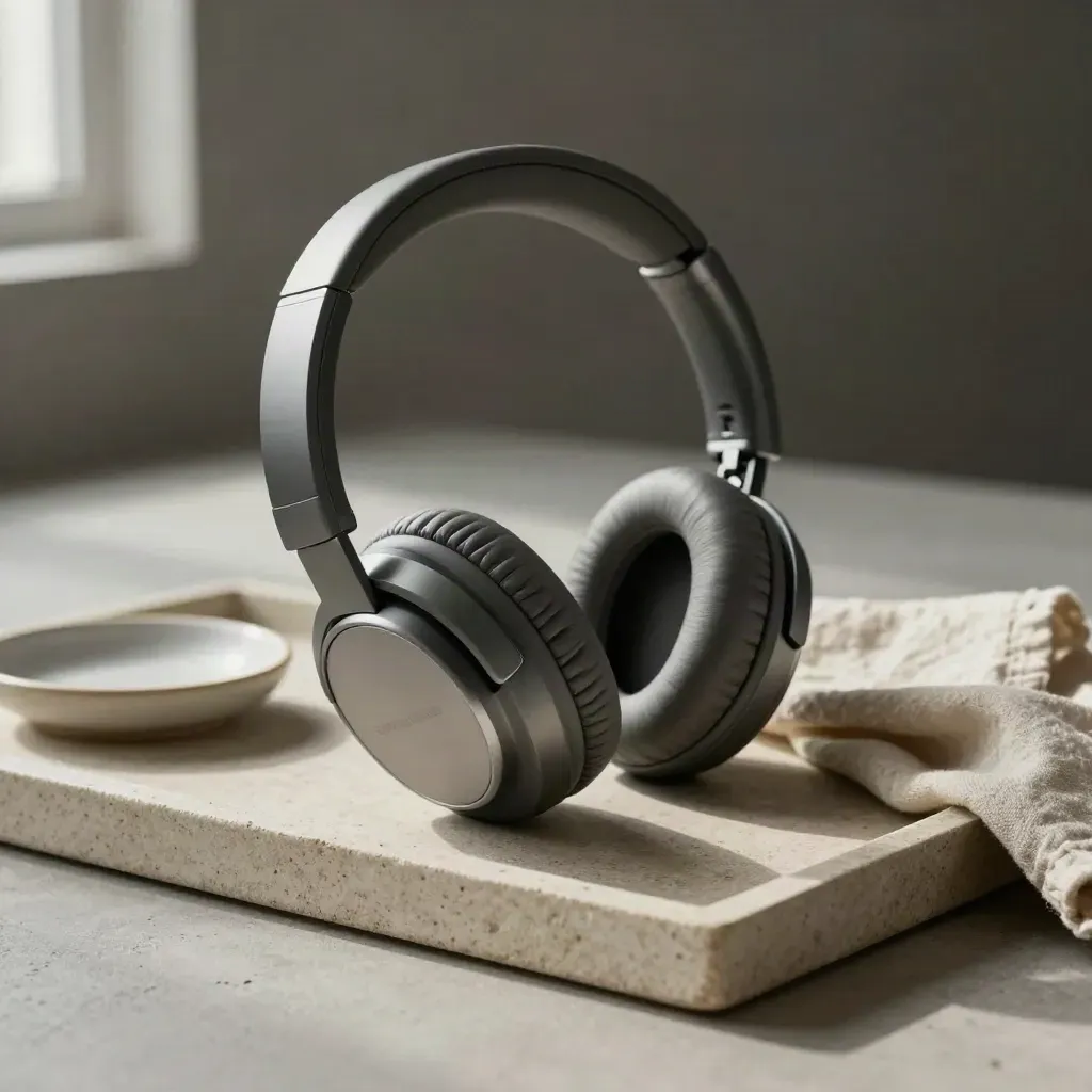 Over-Ear-Kopfhörer, Mikrofonkapsel, Leinentuch und Keramikschale auf Steintray