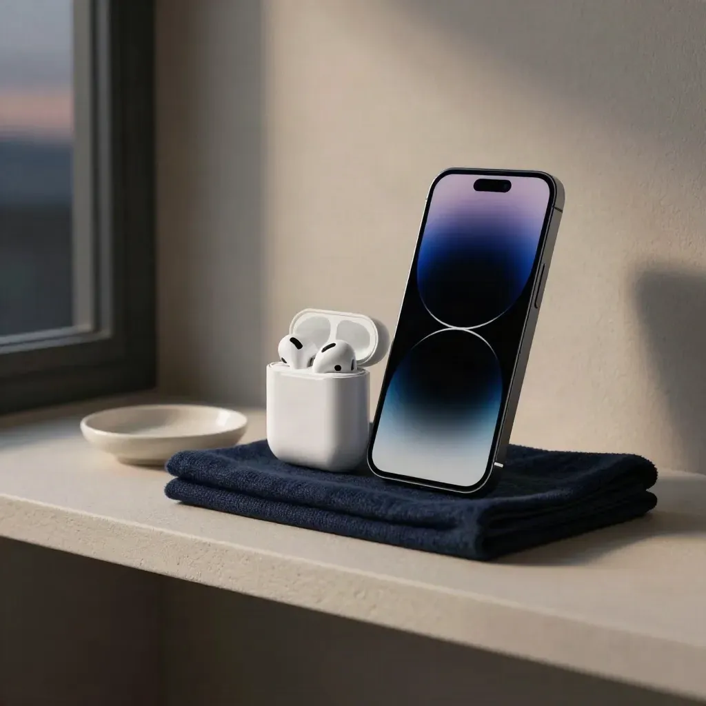 Smartphone, Earbuds-Case und Ladestation auf heller Ablage bei kühlem Fensterlicht.