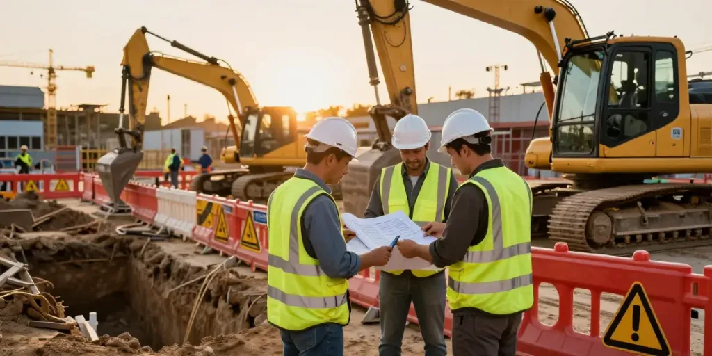 Professionelle absicherung baugrube mit Arbeitern, Sicherheitsvorkehrungen und Baustellenausrüstung sichtbar.