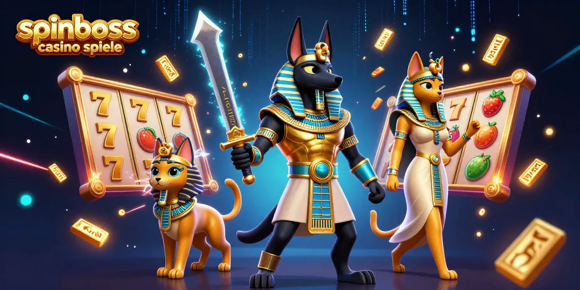 Spiele SpinBoss Casino Spiele: Anubis und Bastet im dynamischen Casino-Setting mit Spielautomaten und Jackpot-Symbolen