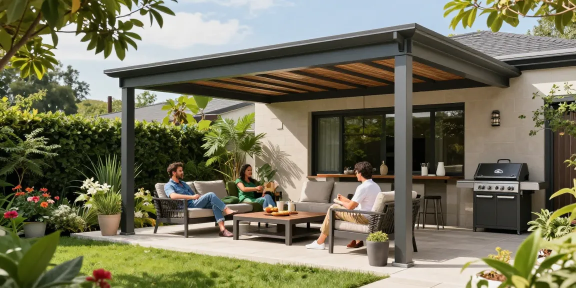 Terrassenüberdachung freistehend mit gemütlichen Möbeln im Garten.