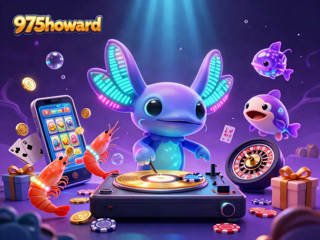 Engage 975howard's vibrant axolotl DJ spinning colorful slot games in an immersive underwater scene.