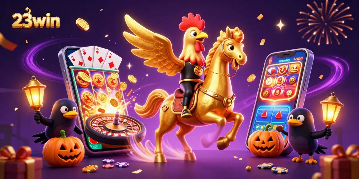 Spin the reels at 23win and win big with golden rooster and festive casino backdrop