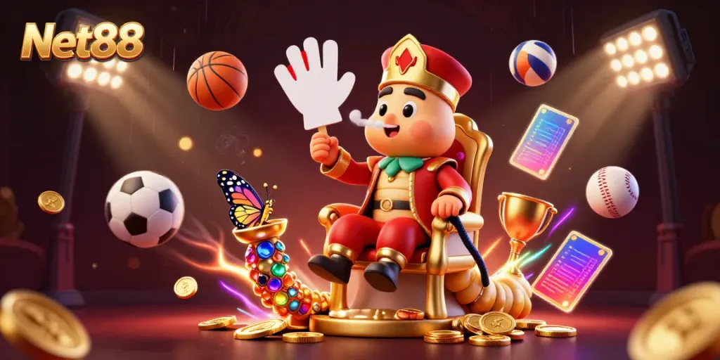 Experience thrilling action with Net88 in this vibrant 3D casino illustration showcasing dynamic sports elements and poker symbols.