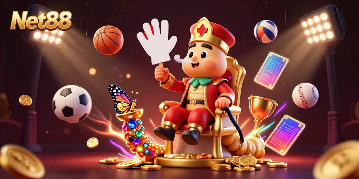 Experience thrilling action with Net88 in this vibrant 3D casino illustration showcasing dynamic sports elements and poker symbols.