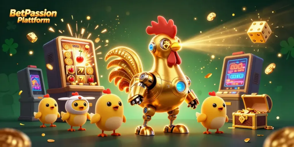 Erforschen Sie die aufregende BetPassion Plattform mit einem goldenen Roboter und Spielautomaten.