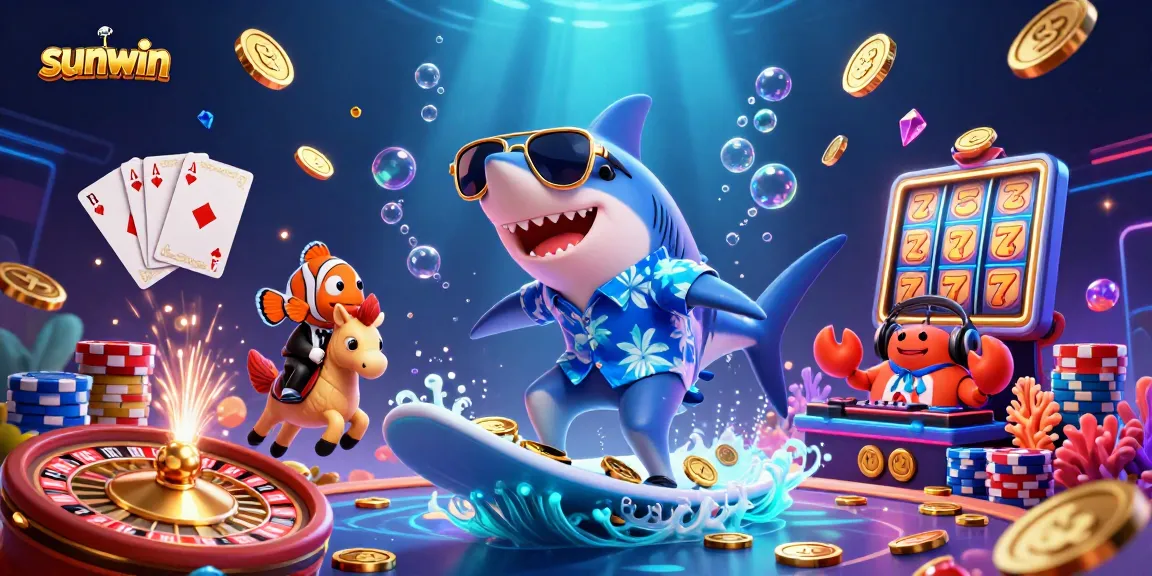 Sunwin showcases a vibrant 3D casino scene with a shark, clownfish, and crab amidst coins and cards.
