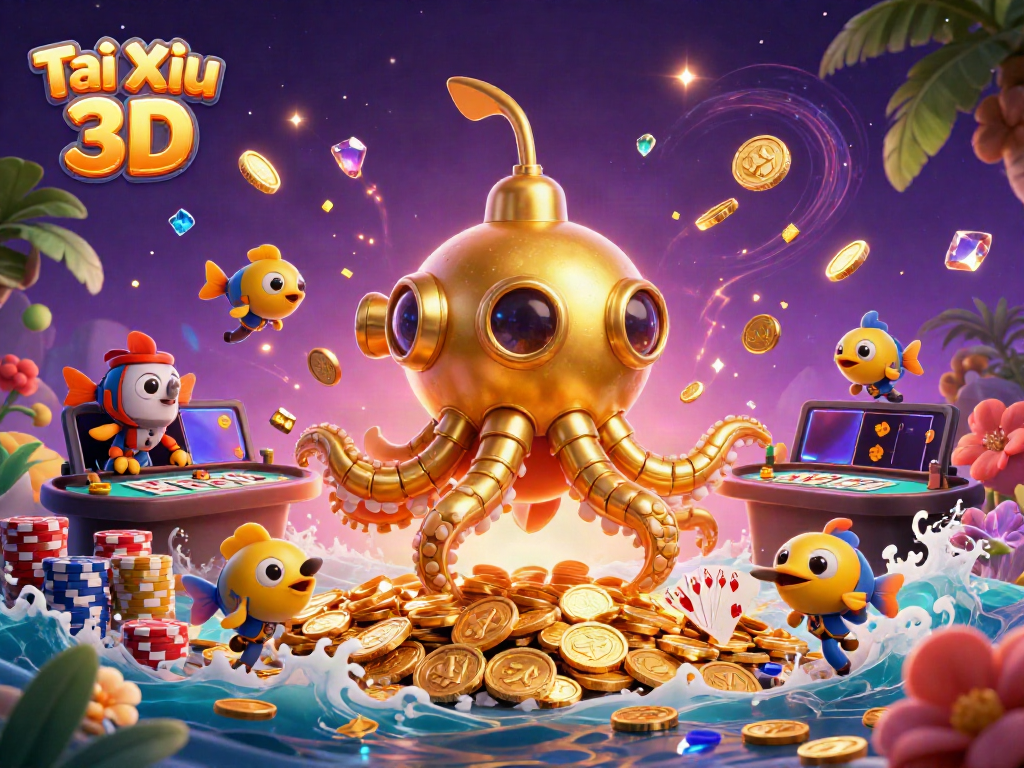 Experience the thrill of Tài Xỉu 3D with a vibrant illustration of a legendary kraken and dynamic casino elements.