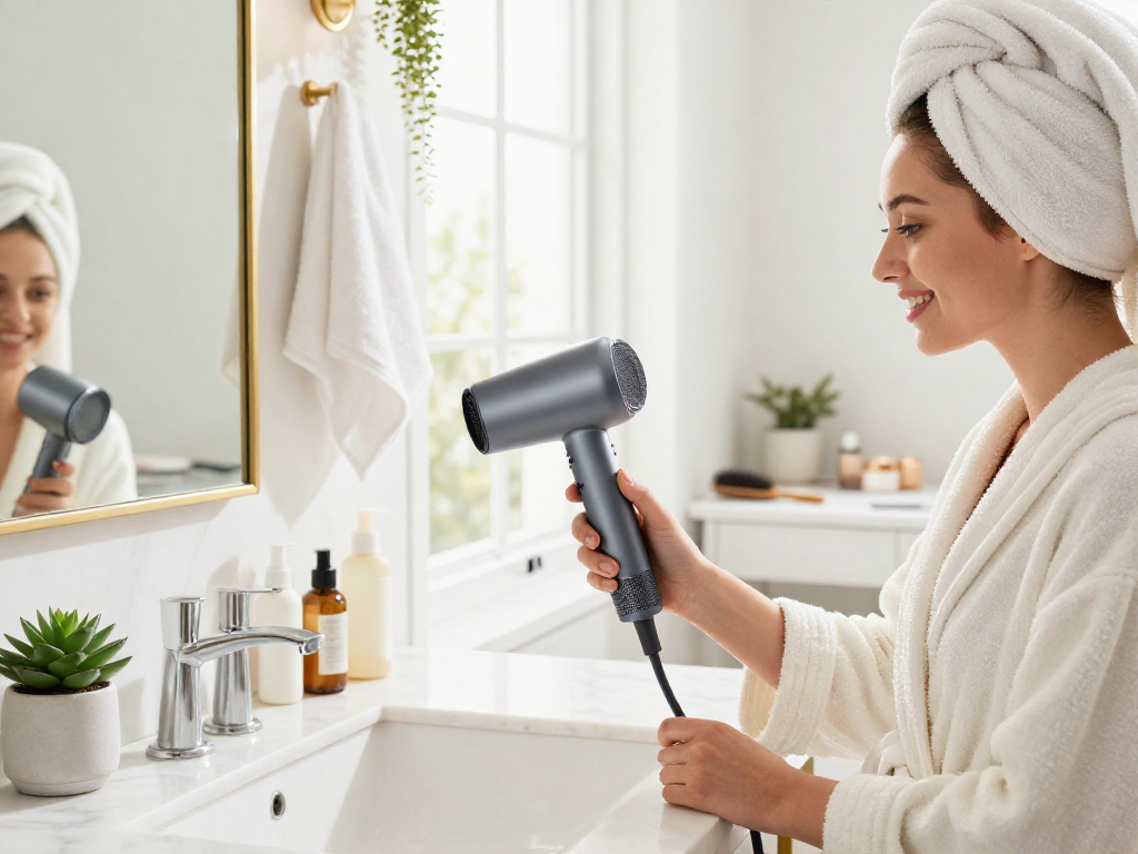 Using a compact hair dryer in a stylish bathroom with natural light and beauty products.