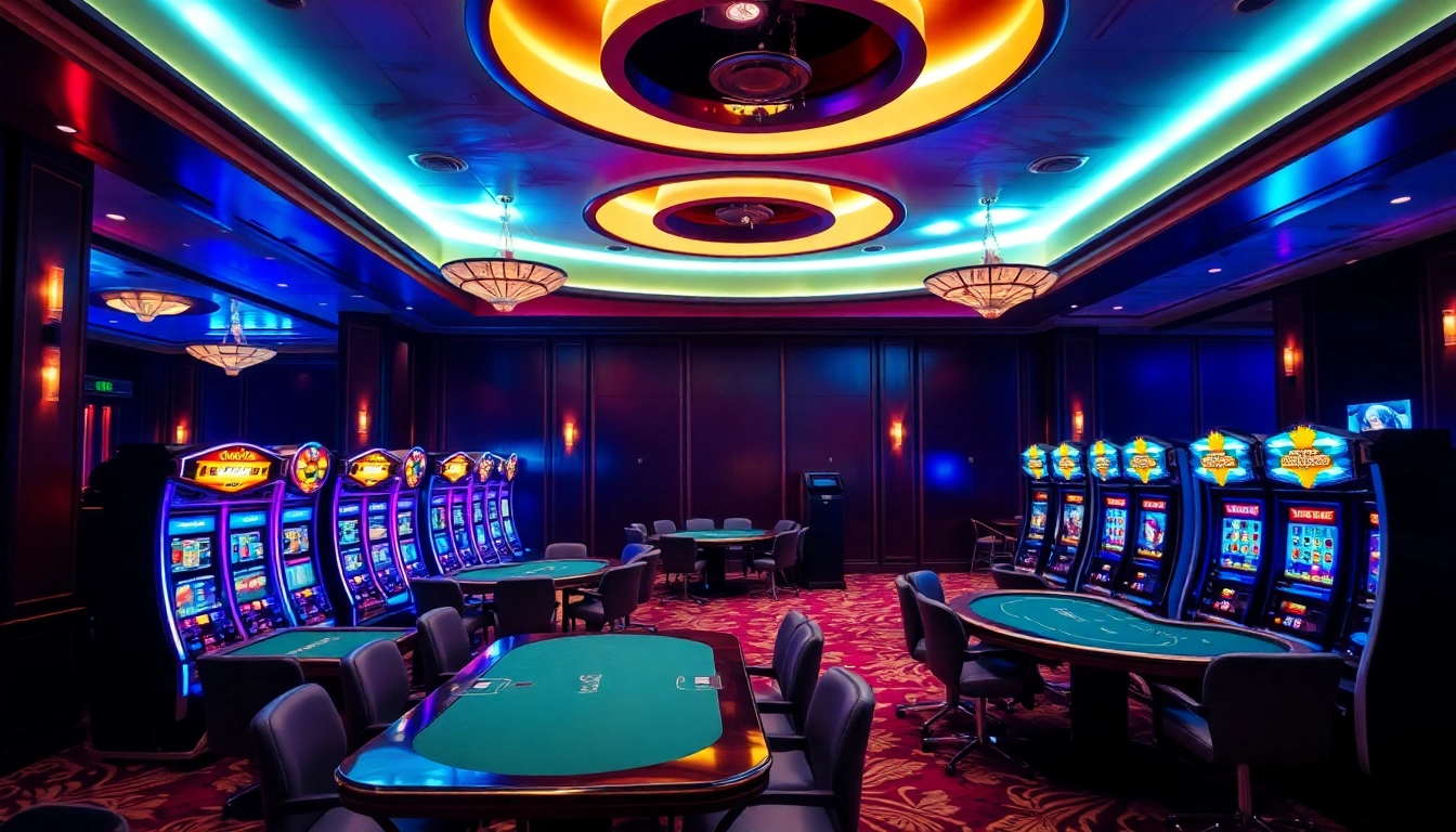 Spiele im Casino ohne Anmeldung: Elegantes Spielzimmer voller aufregender Spielautomaten und Tische.