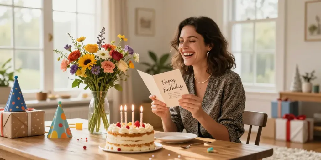 Romantische en hartelijke verjaardagswensen voor een vrouw in een gezellige setting met een verjaardagstaart en bloemen.