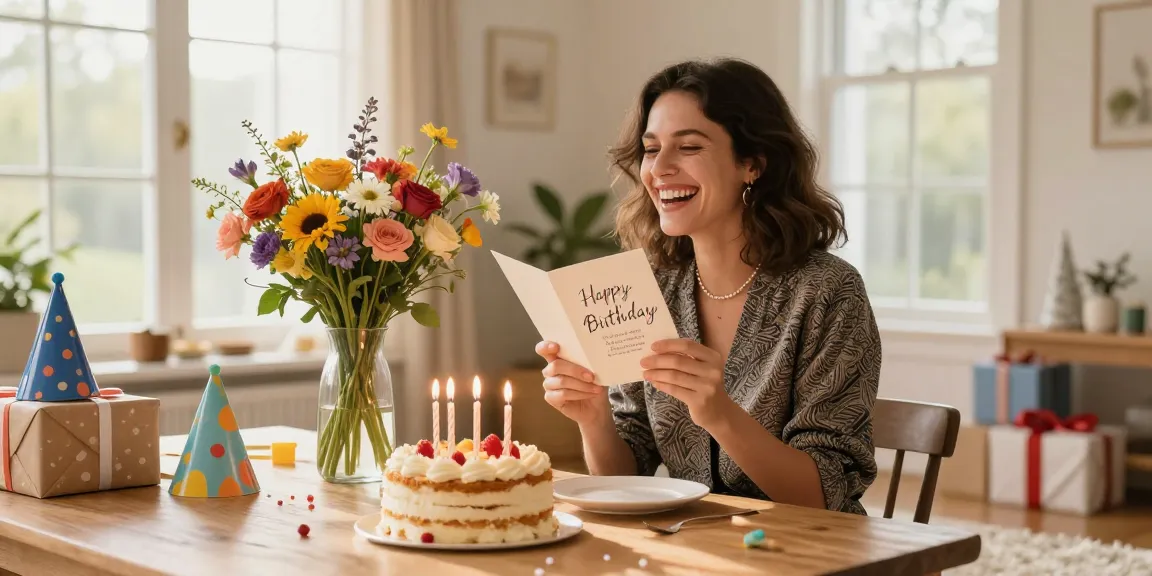Romantische en hartelijke verjaardagswensen voor een vrouw in een gezellige setting met een verjaardagstaart en bloemen.