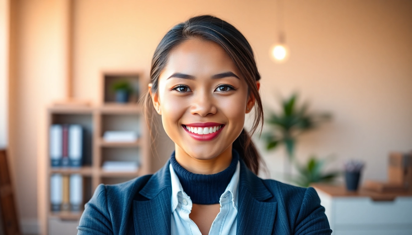 Transform selfies into professional images with a free ai professional headshot generator, showcasing a smiling individual in a warm office.