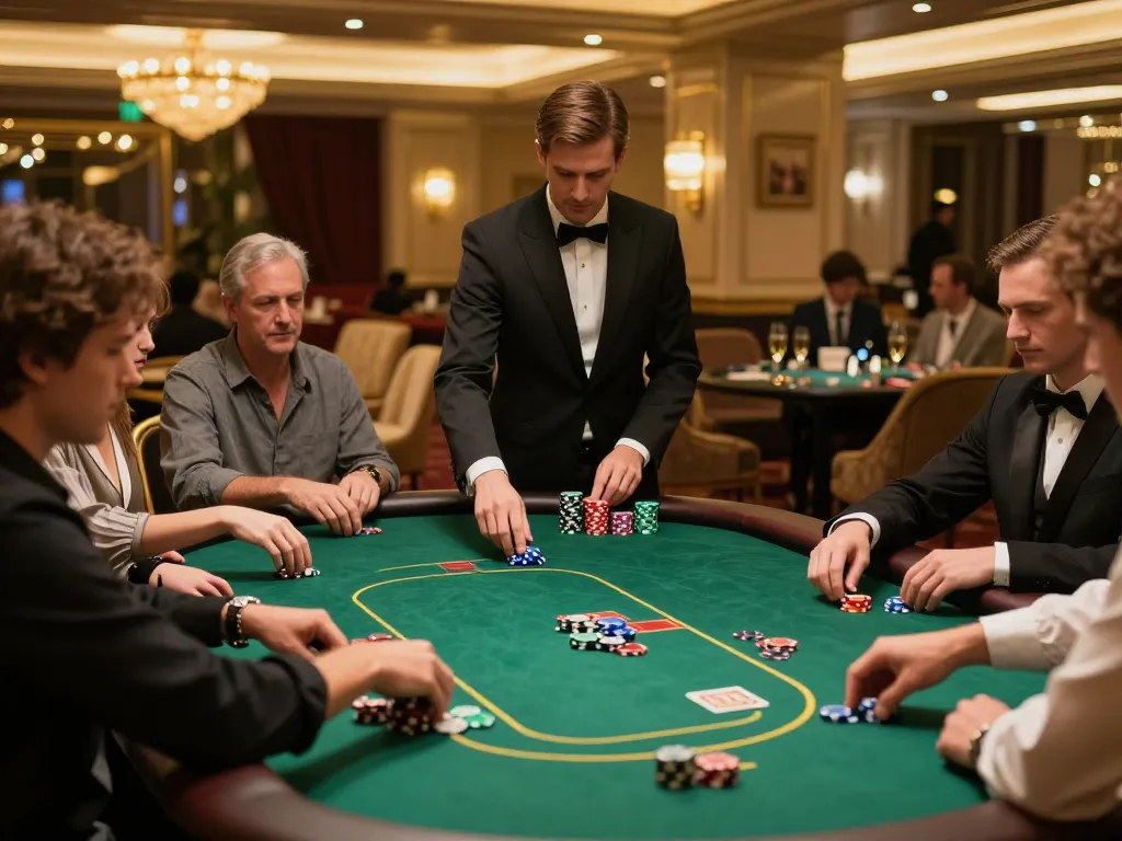 Tỷ lệ nhà cái analyzed during an intense poker game in an upscale casino VIP area showcasing high-stakes players.