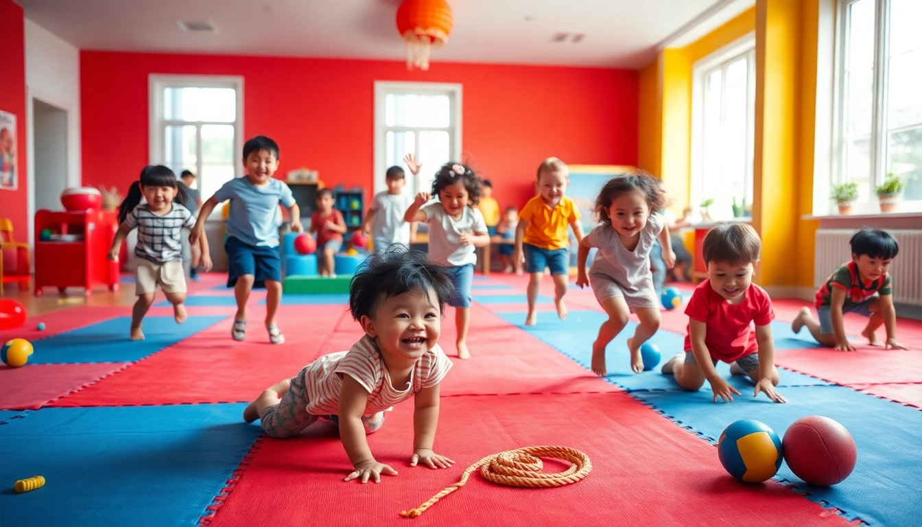 Bewegungsspiele fuer Kinder hier klicken und informieren mit froehlichen Kindern, die in einem bunten Raum spielen.